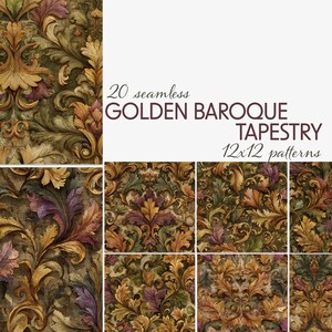 May include: A collection of 20 seamless Golden Baroque tapestry patterns. The patterns feature ornate designs with gold, brown, green, and purple foliage. The text reads "GOLDEN BAROQUE TAPESTRY 12x12 patterns".