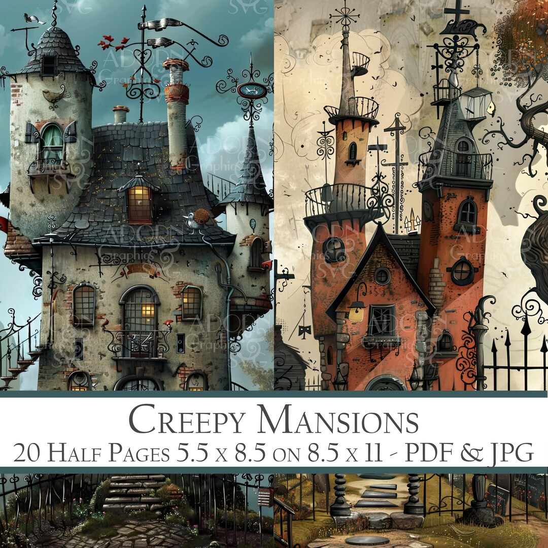 Creepy Mansions - Haunted Houses - 20 Junk Journal Pages - Printable ...