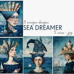 Art nautique fantastique pour journaux indésirables, kit d'éphémères numériques Sea Dreamer, pages de collage nautique surréaliste, collage numérique et pages de scrapbooking