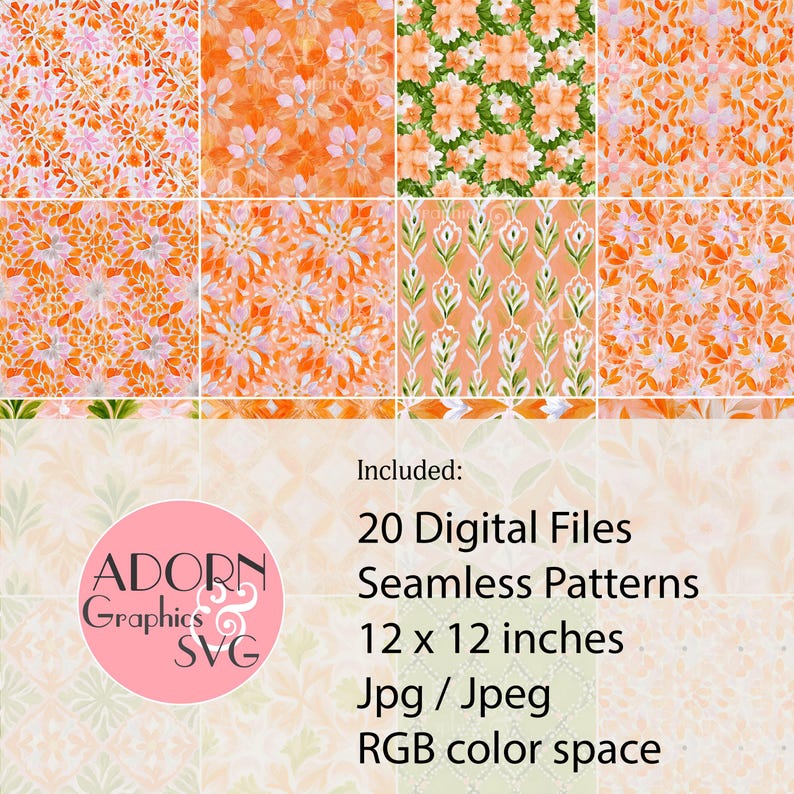 Peach Pink Seamless Pattern Set, 20 Floral & Geometric Digital Papers ...
