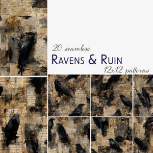 May include: A collage of 20 seamless 12x12 patterns with a gothic theme. The patterns feature black ravens, feathers, and aged paper textures in shades of brown, gold, and black. The text "RAVENS & RUIN" is displayed.