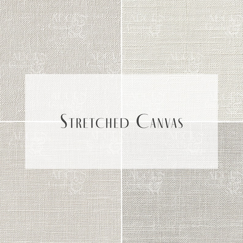 Pode incluir: Close-up de uma textura de tela branca com o texto "STRETCHED CANVAS" em preto.