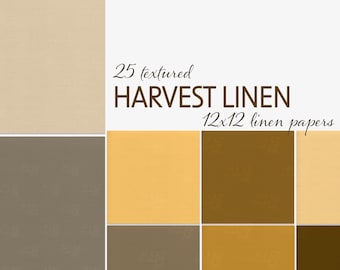 Peut inclure: Un ensemble de 25 papiers texturés Harvest Linen de 30,5 x 30,5 cm, dans des tons de marron, beige et or. L'image présente une grille de carrés colorés et une section plus grande d'une seule feuille de papier.