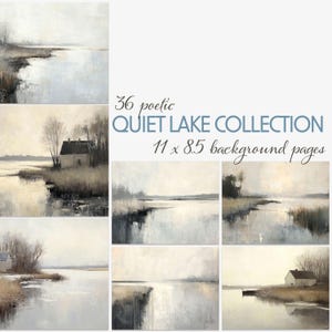 Puede incluir: Una colección de pinturas de paisajes con serenas escenas de lago en tonos apagados de gris, blanco y beige. La obra de arte incluye una variedad de composiciones, algunas con edificios y árboles. El texto dice: "36 poetic QUIET LAKE COLLECTION 27,9 x 21,6 cm páginas de fondo."