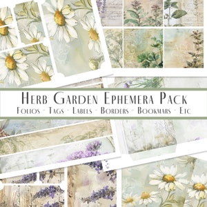 Vintage Herb Garden Ephemera Pack - 28 pagine - Folio - Tasche - Etichette - Bordi - Pacchetto di carta stampabile - Kit diario spazzatura - Stampa a casa