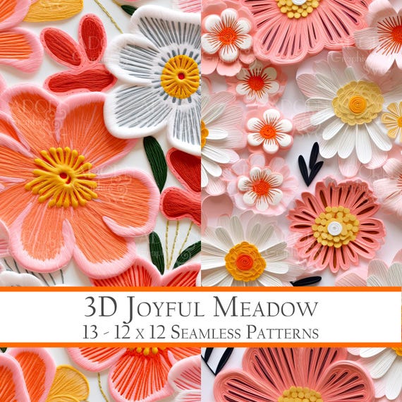 Whimsical Pastel Floral Embroidery, Seamless Patterns, Embroidered Floral Digital Paper, Faux Fabric, Scrapbooking, Crafts, Diy, 3D Pattern