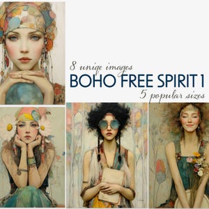 Pacote de personagens Boho Free Spirit – 8 mulheres imprimíveis em 5 tamanhos para diários de sucata, ATCs, colagens, cartões e projetos de arte em mídia mista