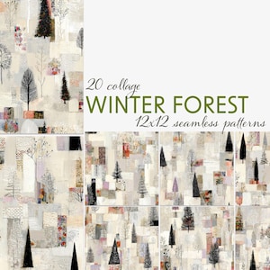 Puede incluir: Un collage de 20 patrones sin costuras de bosque invernal. Los patrones presentan árboles estilizados en negro, blanco y tonos de verde, sobre un fondo neutro con parches texturizados. El texto "Winter Forest" y "12x12 seamless patterns" es visible.