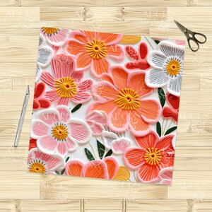 Pode incluir: Um padr&atilde;o sem costura com flores rosa, laranja e brancas com centros amarelos. As flores s&atilde;o estilizadas para parecerem bordadas com fio grosso e colorido.