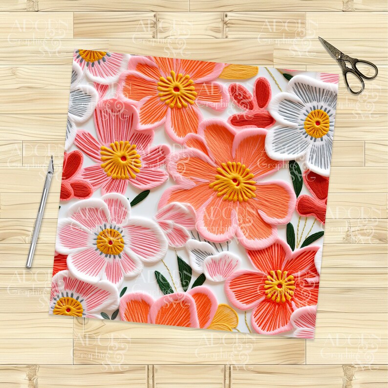Pode incluir: Um padr&atilde;o sem costura com flores rosa, laranja e brancas com centros amarelos. As flores s&atilde;o estilizadas para parecerem bordadas com fio grosso e colorido.