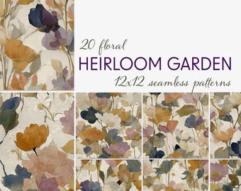 Vintage Botanical Seamless Patterns - Heirloom Floral Digital Paper for Fabric, Wallpaper, Decoupage & Surface Design