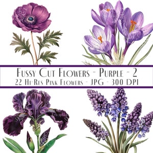 Lila Blumen Ephemera, Blumen Clipart, Hochzeit Clipart, 22 lila Blumen, Fussy Cuts Pack, Kartenherstellung, Scrapbook Ausschnitte, Junk Journal