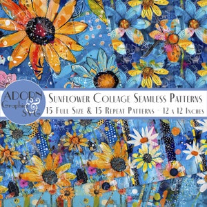 Sunflower Collage Seamless Patterns, Scrapbook Paper, 12 x 12 Digital Paper, Background Papers, Decorative, Abstract Sunflowers, Paper Craft