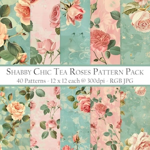 Puede incluir: Un paquete de papel digital con 40 patrones con rosas de té rosas y blancas sobre un fondo azul claro y rosa. El texto "SHABBY CHIC TEA ROSES PATTERN PACK" está en la parte superior de la imagen. El texto "40 Patterns - 12 x 12 each @ 300dpi - RGB JPG" está debajo del título.