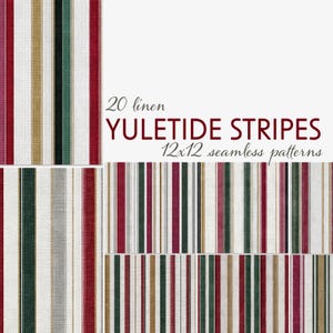 Può includere: Una collezione di 20 modelli senza cuciture "Yuletide Stripes" in lino 12x12. I modelli presentano strisce verticali in vari colori, tra cui rosso, verde, oro e bianco. Il testo "Yuletide Stripes" è visualizzato in rosso scuro.