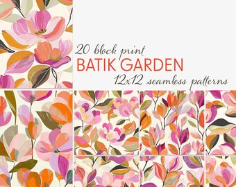 Batik Floral Seamless Patterns – 20 Botanical Block Print Papers (Digital Download)