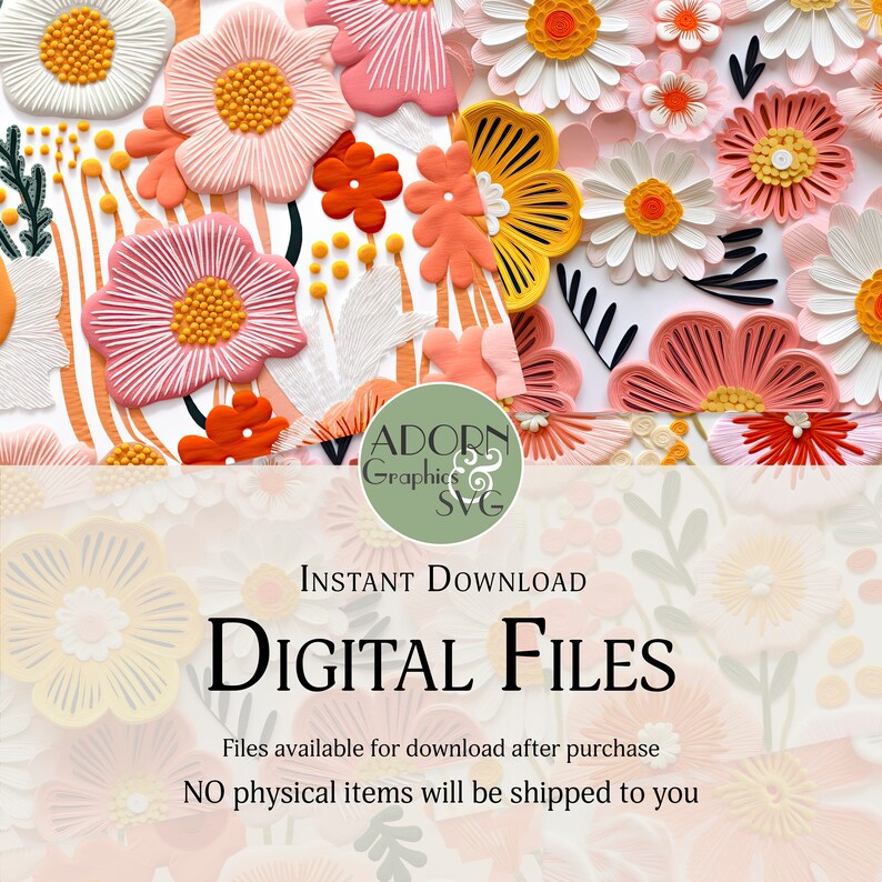 Pode incluir: Download digital de um design floral com flores rosa, amarelas e laranja. O design &eacute; perfeito para projetos de artesanato, scrapbooking e muito mais.  DOWNLOAD INSTANT&Acirc;NEO ARQUIVOS DIGITAIS Arquivos dispon&iacute;veis para download ap&oacute;s a compra N&Atilde;O ser&atilde;o enviados itens f&iacute;sicos