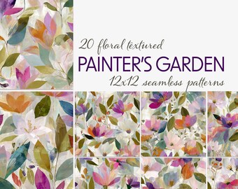 Abstract Floral Seamless Patterns, Painterly Botanical Digital Paper, Acrylic Flower Backgrounds, 12x12 JPG for Fabric & Crafts