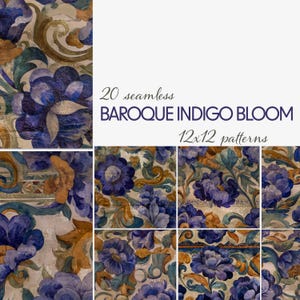 Paquete de estampado floral sin costuras "Baroque Indigo Bloom" / Papel digital texturizado azul vintage para manualidades con tela, diarios, sublimación e imprimibles