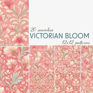 May include: A collection of 20 seamless Victorian Bloom patterns in a 12x12 inch format. The patterns feature floral designs in shades of pink, cream, and green. The image showcases various arrangements of the floral patterns.