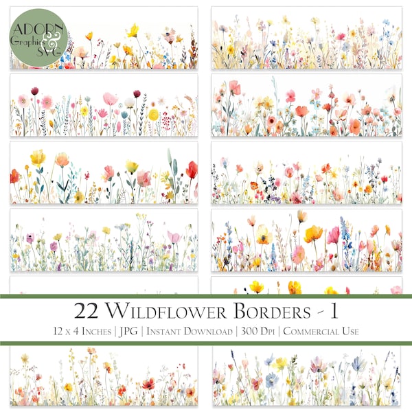 Blumen-Bordüre, Hochzeit Clipart, Wildblumen Clip Art, Frühlingsblumen, Aquarell Blumen, Kartenherstellung, Papercraft, Junk Journal, Werbung