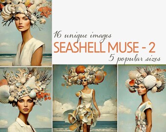 Coastal Woman Clipart with Seashells, Beach Muse Portraits, for Junk Journal Characters, Printable Coastal Art - 5 Sizes