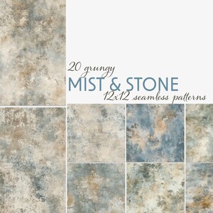 May include: A collection of 20 grungy "Mist & Stone" 12x12 seamless patterns. The patterns feature a textured, weathered appearance in shades of beige, blue, and brown, evoking a stone or aged surface.