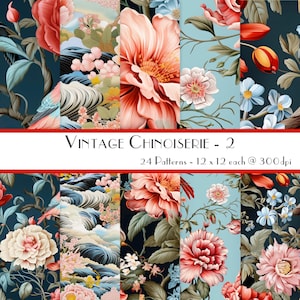 Chinoiserie Pattern Paper Pack, Vintage Backgrounds, Junk Journal, Scrapbooking, Chinoiserie Wall Art Print, Chinese Floral - Set of 24