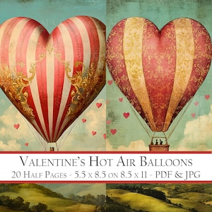 Balões de ar quente em forma de coração - Impressões românticas vintage de meia página para diários, scrapbooking e artesanato, itens efêmeros para impressão do Dia dos Namorados