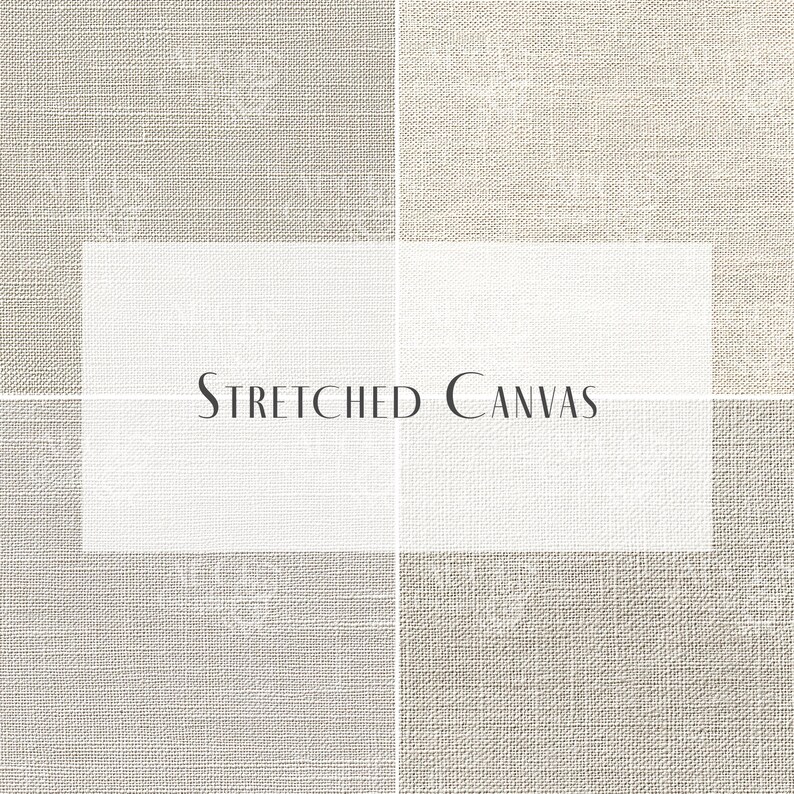 Pode incluir: Um close-up de uma tela esticada com fundo branco e o texto "STRETCHED CANVAS" no centro.
