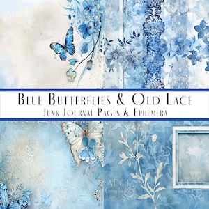 Blue Junk Journal Paper, Journal Kits, Printable Journal Ephemera, Paper Craft Paper, Blue Butterflies, Scrapbooking Kit, DIY Scrapbook Kit