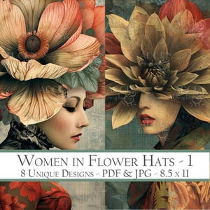 Mujeres con sombreros de flores, páginas de diarios basura florales, efímera digital para scrapbooking, fabricación de tarjetas y revistas de arte, tarjetas ATC de mujeres y flores