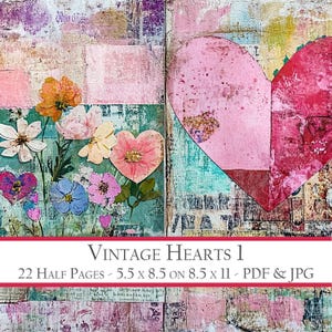 Páginas de media página con motivos grunge vintage y flores románticas en forma de corazones: efímeras de diario basura, cartas de amor, álbumes de recortes, collages, aniversarios y San Valentín