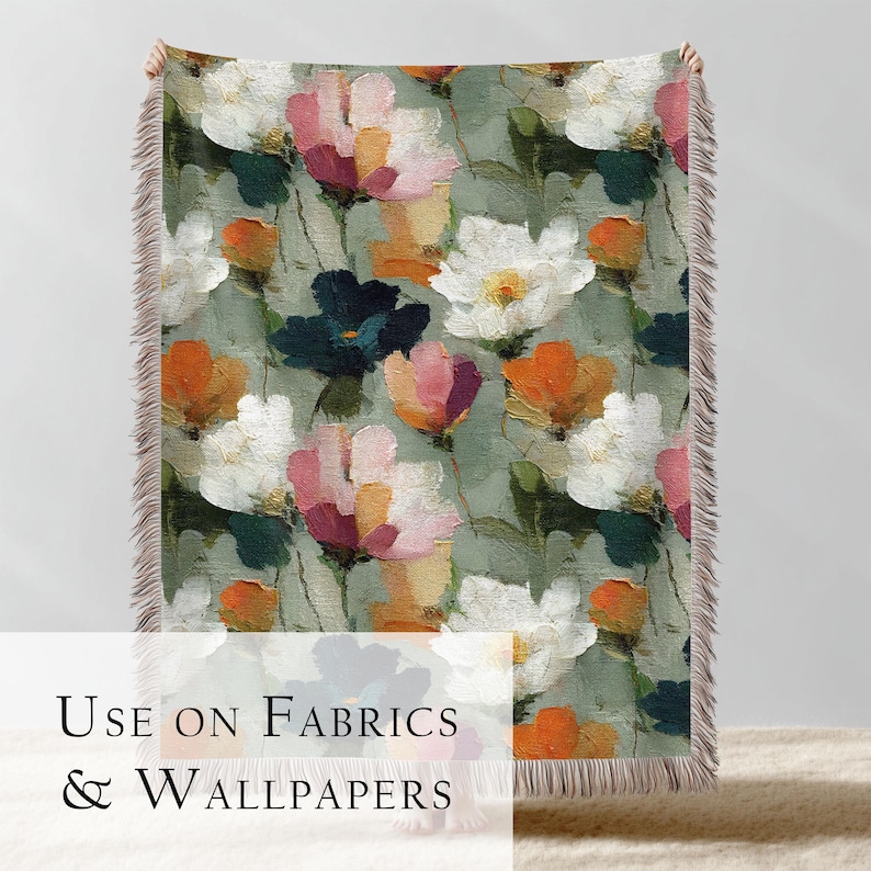 A collection of 20 seamless 12x12 digital floral patterns titled Painterly Petals, featuring expressive brushstroke textures with layered petals in orange, pink, white, and green on painterly backdrops. Perfect for junk journals, scrapbooks, fabric crafts, sublimation, collage, gift wrap, and digital design projects. Instant download in high-resolution JPG format.