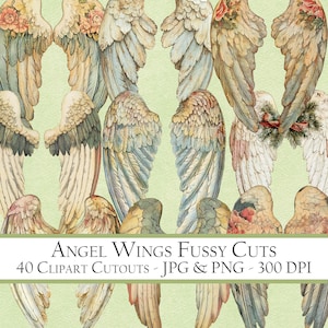 40 paires de cliparts d'ailes d'ange, coupes difficiles aquarelle vintage, éphémères de journal indésirable, scrapbooking, fabrication de cartes, fichiers PNG transparents et JPG