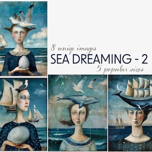 Éphémères imprimables surréalistes pour femmes, kit de carnet de notes Sea Dreaming 2, feuilles de collage nautique et cartes ATC, ensemble numérique éphémères imprimables