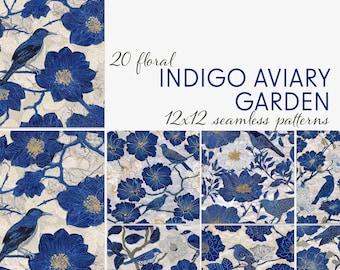 Indigo Bird Chinoiserie Digital Papers, 20 Seamless Floral Patterns, Linen Texture Backgrounds