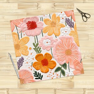 Pode incluir: Um papel digital com um padr&atilde;o repetitivo de flores rosa, laranja e amarelas com detalhes brancos sobre um fundo branco.