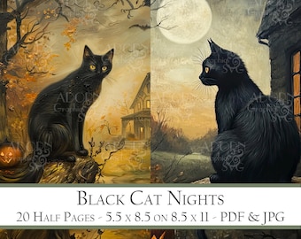 Noches de gatos negros - Páginas de diario basura de Halloween - Efímera imprimible - Suministros de diario digital - Papel de álbum de recortes de gatos - 11 x 8,5