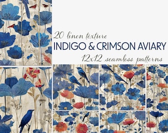 Indigo Crimson Aviary Seamless Patterns, Vintage Linen Texture Digital Paper (12x12)
