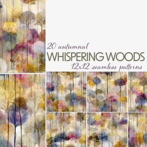 Może przedstawiać: Kolekcja bezszwowych wzorów 12x12 z akwarelowymi ilustracjami drzew w jesiennych kolorach. Obraz zawiera tekst "20 autumnal WHISPERING WOODS" i "12x12 seamless patterns". Paleta kolorów obejmuje żółty, fioletowy i niebieski.