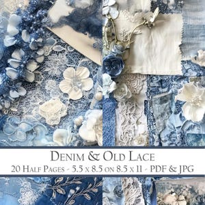 Fundos de diário de jeans e renda velha - Kit de papel para scrapbook - Cenários de tecido desgastado - Meias páginas de papel digital de tecido vintage