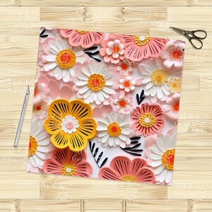 Pode incluir: Um close-up de uma arte de papel com uma variedade de flores rosa, brancas e amarelas. As flores s&atilde;o em camadas e t&ecirc;m um efeito 3D. O fundo &eacute; branco.
