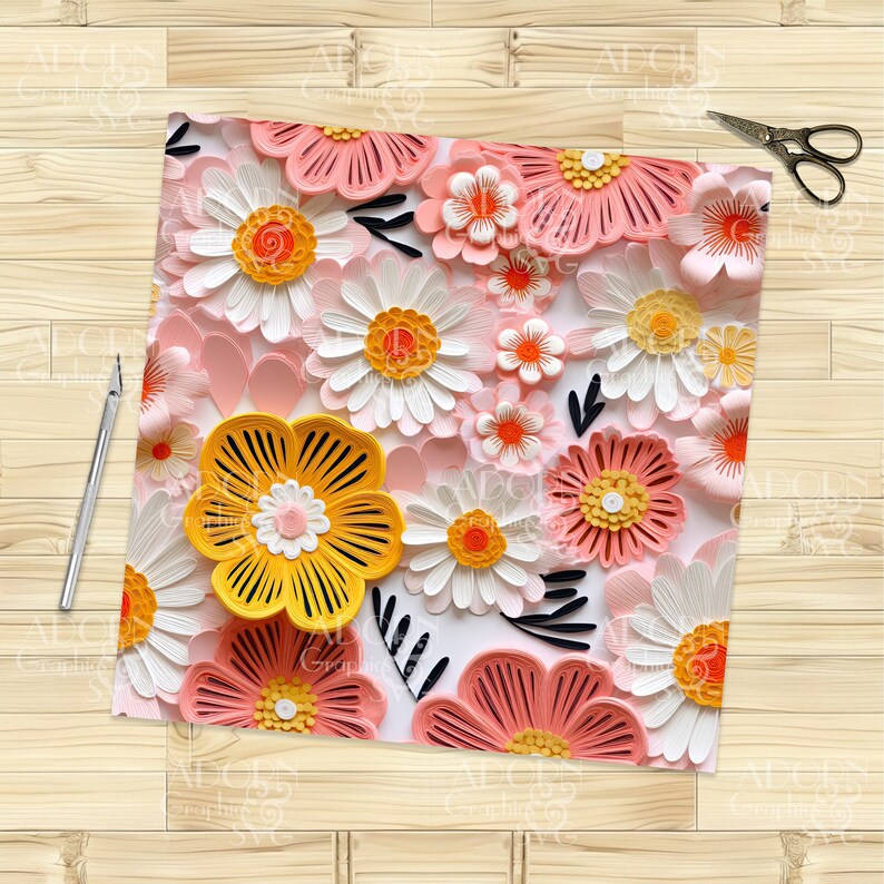 Pode incluir: Um close-up de uma arte de papel com uma variedade de flores rosa, brancas e amarelas. As flores s&atilde;o em camadas e t&ecirc;m um efeito 3D. O fundo &eacute; branco.