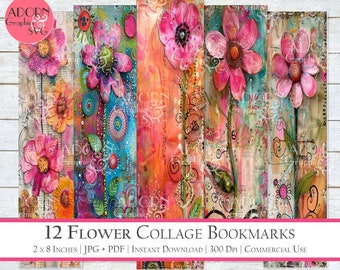 Flower Collage Bookmarks,  Flower Page Markers, Flower Ephemera, Bookmark Bundle, Junk Journal Supplies, Printable Bookmarks, Commercial Use