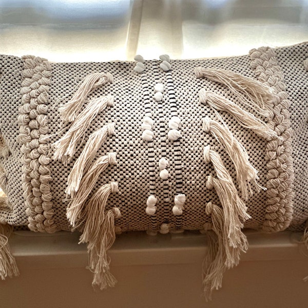 Lumbar Throw Pillow Cover, Handwoven Handmade Pillow Case, Boho, Beige, Neutral, Tufted, Texture, Fringe, Tassel 12 x 20 inch