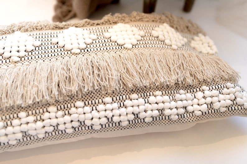 Lumbar Throw Pillow Cover, Handwoven Handmade Pillow Case, Boho, Beige
