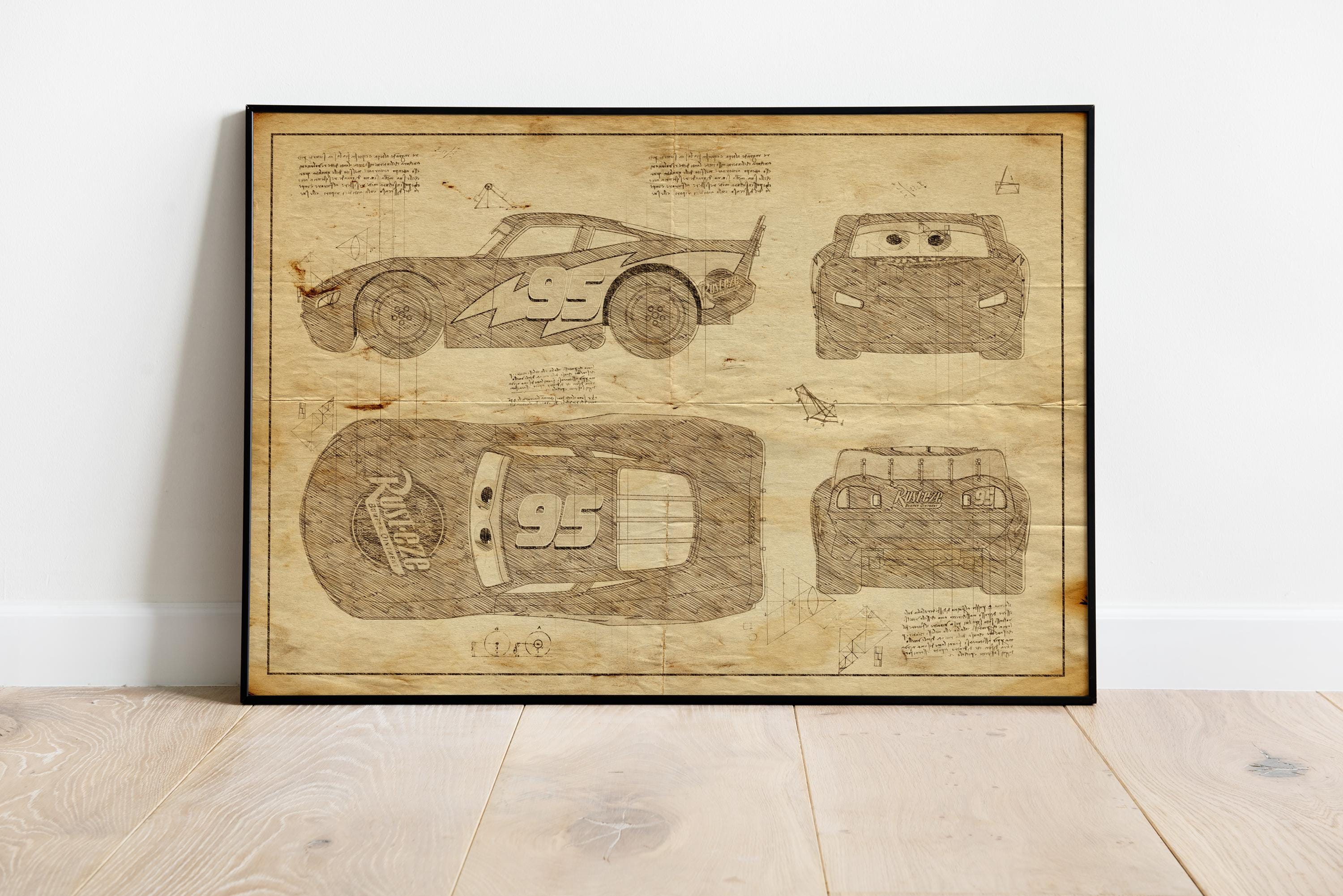 Lightning McQueen Poster, Movie Art, Art For Kisdroom, Car Blueprints, Car Poster, Wall Decor, Car Prints, Car Art, Car Poster Metal, Art