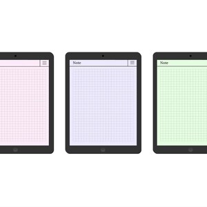 Può includere: Tre blocchi note digitali con sfondi di carta a quadretti. I blocchi note sono di colori diversi: rosa, azzurro e verde chiaro. Ogni blocco note ha la parola "Note" in alto e un'icona di menu in alto a destra.