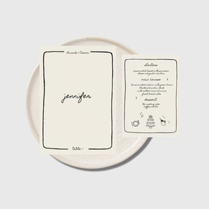 Dubbelzijdig menu naamkaart, funky bruiloftsmenu, grillig, met de hand getekend, bruiloft repetitiemenu, etentje, Instant Download.